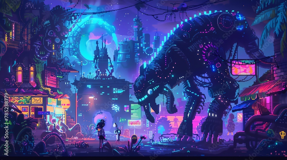 Immerse the viewer in a whimsical world where mystical creatures interact with futuristic gadgets using vibrant pixel art