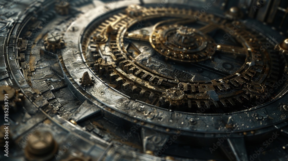 Detailed view of complex antique metal gears and cogs on a dark background, evoking a sense of time and history.