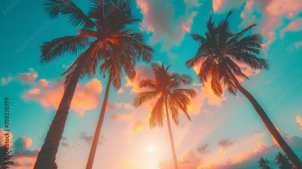 Silhouettes of palm trees stand out against a vibrant sunset sky with fluffy clouds.