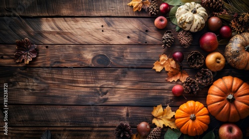 Top view of a wooden table with autumn decorations including pumpkins, apples, pine cones, and leaves.