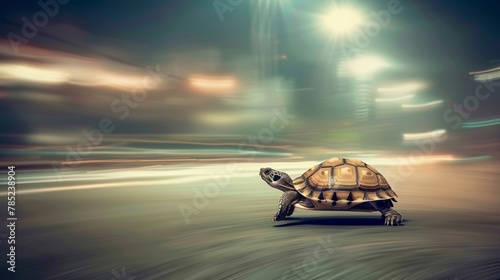 A tortoise in dynamic motion, highlighted by blurred streaks and a dramatic sun flare, depicting speed.
