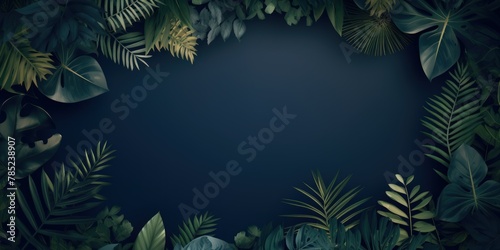 Navy Blue frame background, tropical leaves and plants around the navy blue rectangle in the middle of the photo with space for text