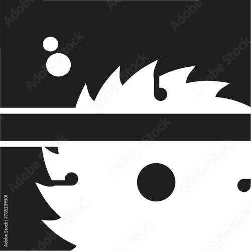 An artistic black and white logo featuring a rectangle with a circular saw blade cutting wood. A creative and stylish illustration combining graphics and patterns