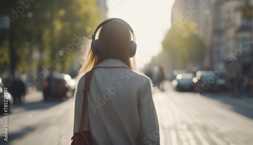 usiness woman listening to music with earphones while commuting in the morning. © Adi