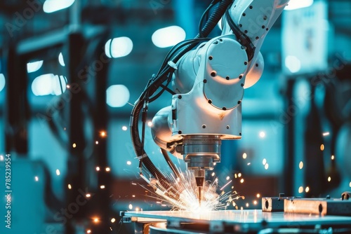 Robot arm welding in an industrial setting with precision and sparks flying