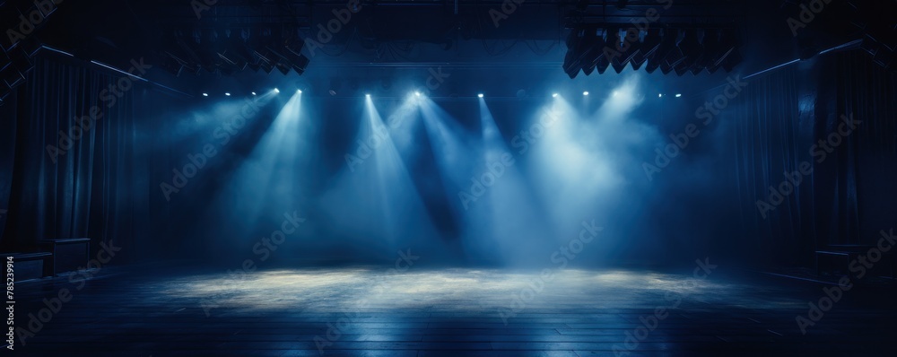Navy Blue stage background, navy blue spotlight light effects, dark atmosphere, smoke and mist, simple stage background, stage lighting