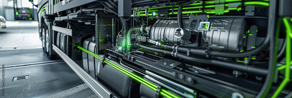 Detailed view of the hydrogen fuel cell engine inside a sustainable transport truck, showcasing green technology Detailed view of the hydrogen fuel cell engine inside a sustainable transport truck, showcasing green technology