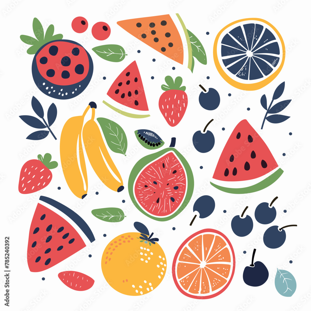 Fruits and berries in cartoon style. Vector illustration on white background. Fruits and berries in cartoon style. Vector illustration on white background.