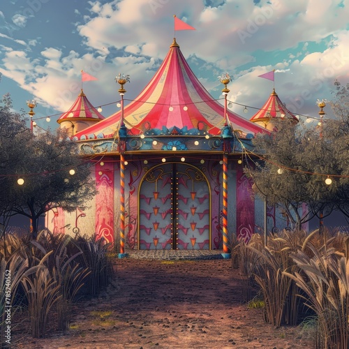 A 3D rendering of a vintage circus tent in a grassy field. The pink big top with its faded colors and whimsical flags evokes a sense of nostalgia and wonder