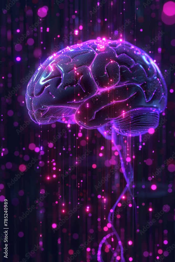 A dark purple neon background with a glowing human brain in a futuristic style representing artificial intelligence.