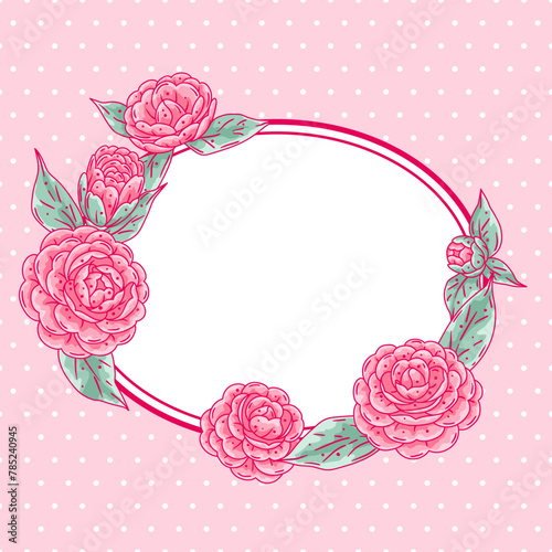 Frame with camellia flowers. Beautiful decorative plants.