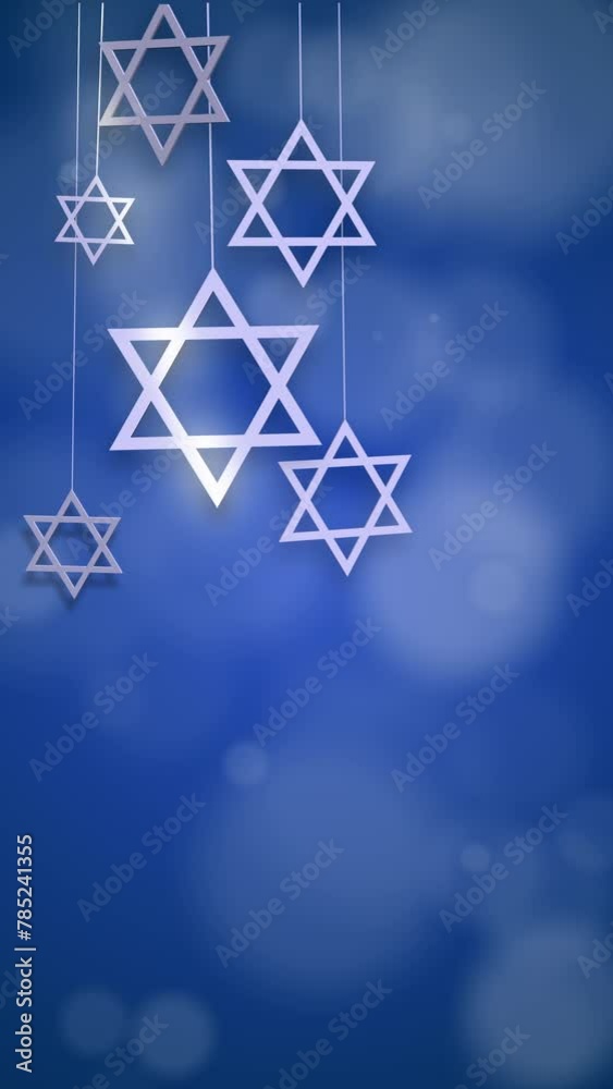 White Jewish Stars of David spin on thin threads. Blue abstract animated background with hexagonal stars symbols of Israel. Vertical video. White Jewish Stars of David spin on thin threads. Blue abstract animated background with hexagonal stars symbols of Israel. Vertical video.