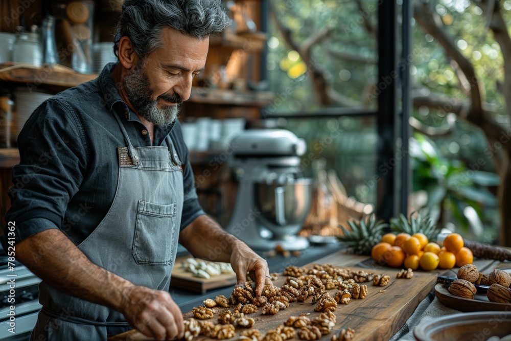 A chef carefully places walnuts on a wood cutting board in a well-equipped kitchen with natural light