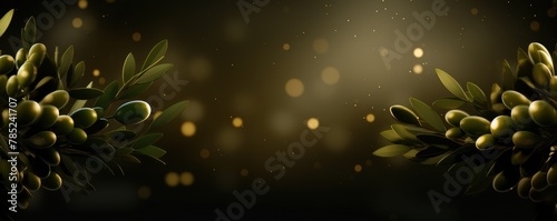 Olive abstract glowing bokeh lights on a black background with space for text or product display. 