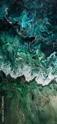 Evocative of a turbulent sea, this abstract fluid art painting swirls with shades of emerald and black, creating a mesmerizing visual reminiscent of oceanic depths.