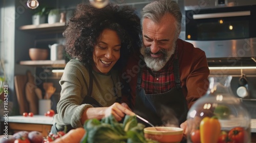 Multiracial Couple Enjoying Cooking Together in Home Kitchen photo