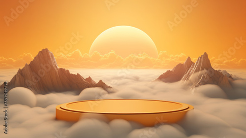 In the middle is a gorgeous stage  mountains and sea of clouds  yellow-orange 3D rendering  minimalist style