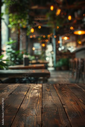 A simple empty dark wood table set in a cozy cafe environment  inviting customers to relax and enjoy their meal or drinks in a warm and welcoming atmosphere.