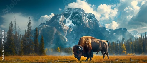Majestic Bison in Mountain Serenity. Concept Wildlife Photography, Bison, Nature, Landscape, Mountains © Anastasiia