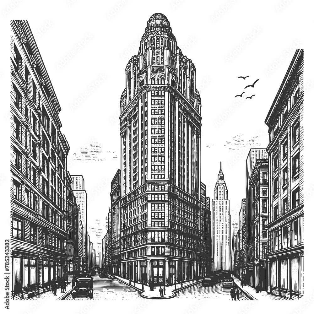 Skyscraper house grandeur of a New York City street lined with iconic architecture sketch engraving generative ai raster illustration. Scratch board imitation. Black and white image.