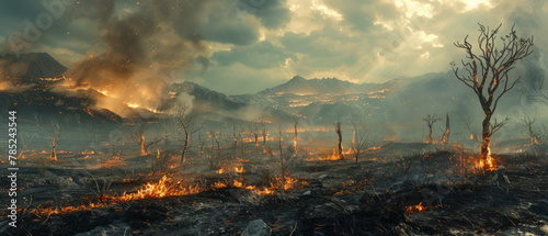 Illustration depicting a valley devastated by fire, with scorched earth, burnt trees, and vegetation, showing the destructive impact of wildfires on ecosystems.