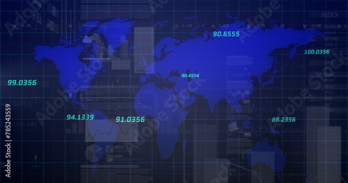 Image of statistics and financial data processing over world map