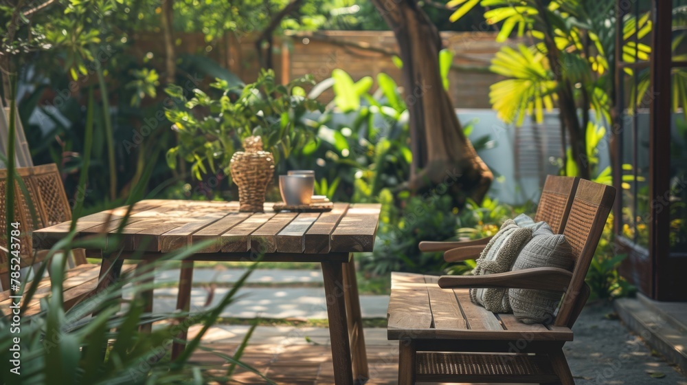 Tropical Wooden Patio with Greenery and Cozy Lounge Area Tropical Wooden Patio with Greenery and Cozy Lounge Area