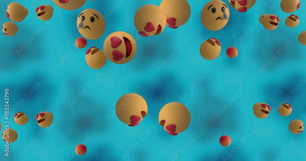 Image of multiple falling emojis on blue background Image of multiple falling emojis on blue background