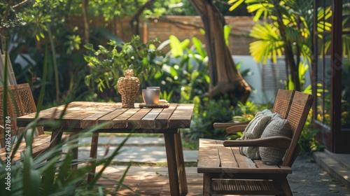 Tropical Wooden Patio with Greenery and Cozy Lounge Area