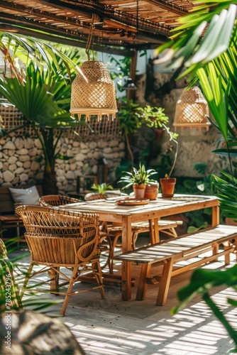 Tropical Wooden Patio with Greenery and Cozy Lounge Area