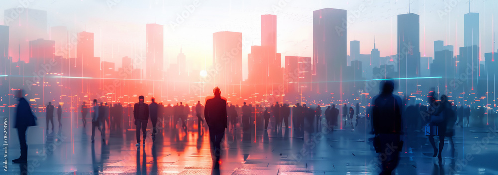 modern city silhouette, Many young professionals , chip technology background, dream, yearning, minimalist design