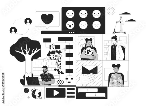 Computer software developers black and white 2D illustration concept. Diverse programmers at work cartoon outline characters isolated on white. Digital products creating metaphor monochrome vector art