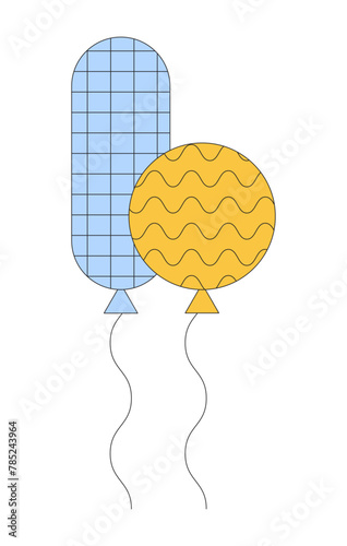Floating pair of balloons on strings 2D linear cartoon object. Party decorations isolated line vector element white background. Festive baloons. Birthday childhood color flat spot illustration