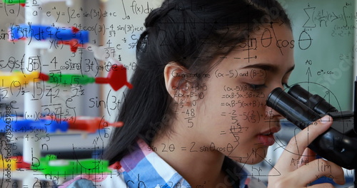Image of mathematical formulae over student using microscope photo