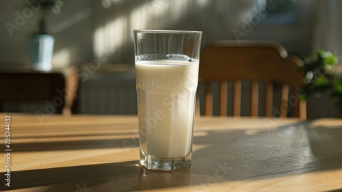 Fresh Milk Glass on Sunny Kitchen Table. World Milk Day