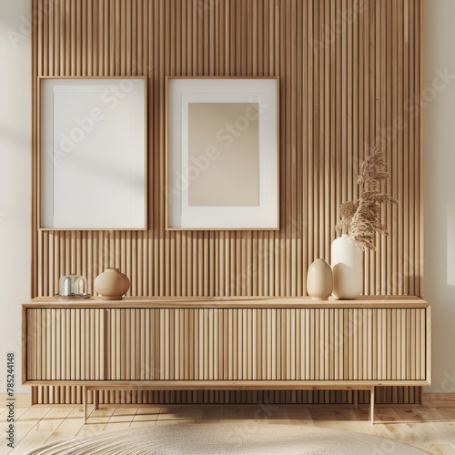 Wood sideboard in living room interior with frame mock up, 3D rendering