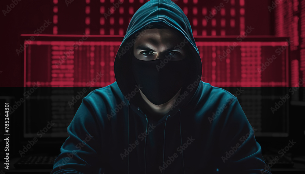 Hacker in a dark hoodie sitting in front of a monitors with Angola flag and background cyber security concept Hacker in a dark hoodie sitting in front of a monitors with Angola flag and background cyber security concept