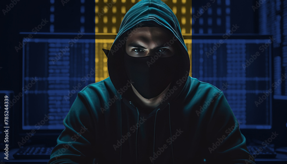 Hacker in a dark hoodie sitting in front of a monitors with Barbados flag and background cyber security concept Hacker in a dark hoodie sitting in front of a monitors with Barbados flag and background cyber security concept