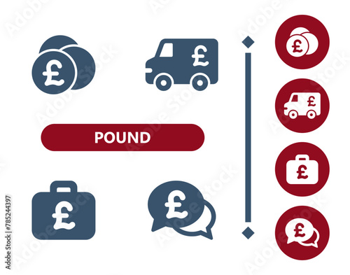 Pound icons. Coins, Coin, armored truck, briefcase, suitcase, chat bubble, wealth icon