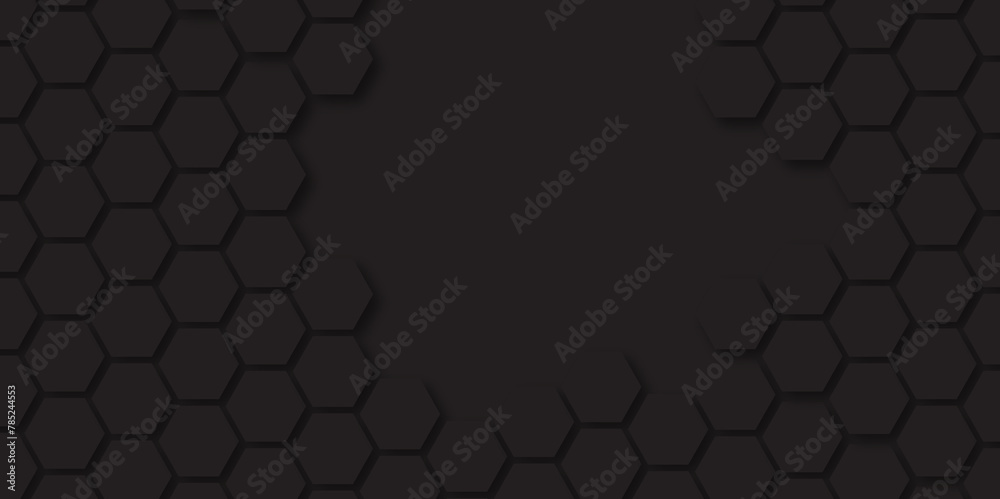 Black hexagon background. grey concrete cement stone tile wall. 3d illustration rendering.  Black geometric layout template. Abstract background of modern wall. colored paper in dark colors. 
