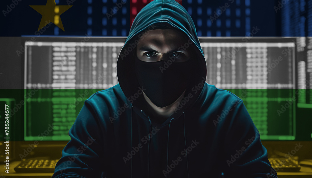 Hacker in a dark hoodie sitting in front of a monitors with Central African Republic flag and background cyber security concept