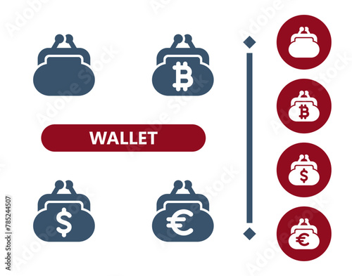 Wallet Icons. Coin purse, change purse, dollar, euro, bitcoin, cryptocurrency, crypto currency icon