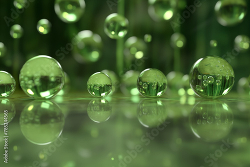 Green water bubbles on a green background. Abstract 3d rendering illustration.