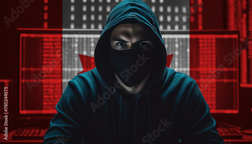 Hacker in a dark hoodie sitting in front of a monitors with Canada flag and background cyber security concept