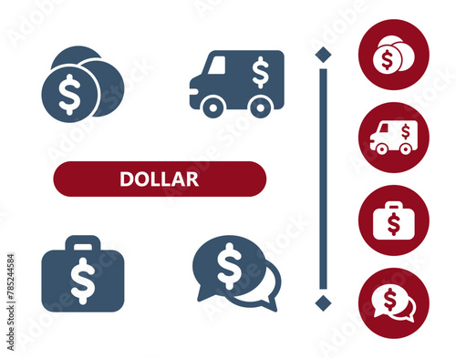 Dollar icons. Coins, Coin, armored truck, briefcase, suitcase, chat bubble, wealth icon