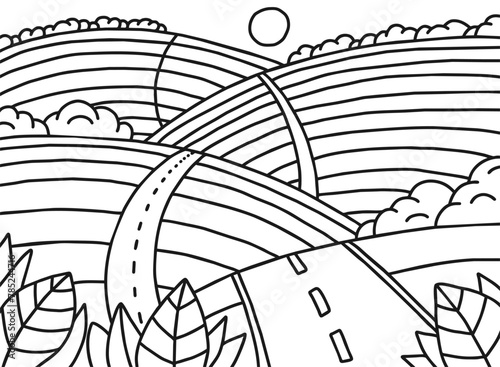Landscape hills with road, line doodle coloring. Country travel and tourism, environment nature sketch. Hand drawn outline vector illustration