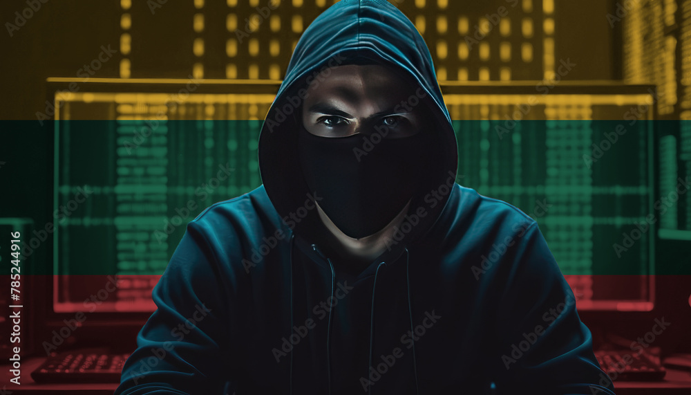 Hacker in a dark hoodie sitting in front of a monitors with Lithuania flag and background cyber security concept