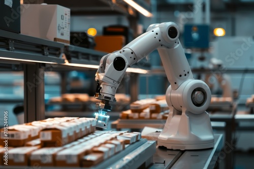 Advanced robotic arm inspecting production line in a high-tech factory