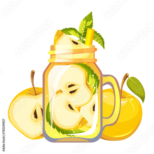 Cocktail with apple. Refreshing drink in a can with apple. Summer juice with apple. Smoothie with fresh fruit. Lemonade with apple. Vector illustration.