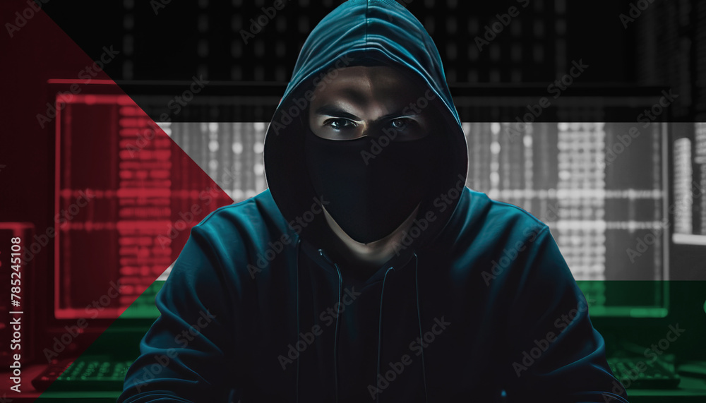 Hacker in a dark hoodie sitting in front of a monitors with Palestine flag and background cyber security concept Hacker in a dark hoodie sitting in front of a monitors with Palestine flag and background cyber security concept